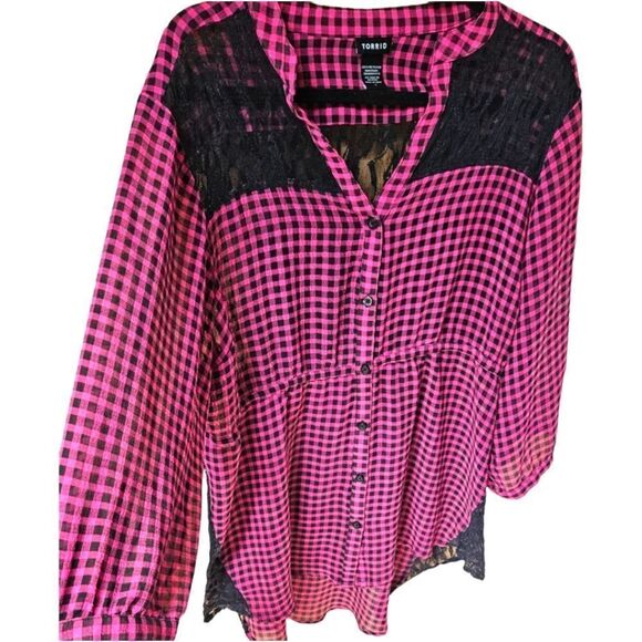 TORRID PLUS SIZE Plaid Lace Button Front Blouse2X - Picture 3 of 13